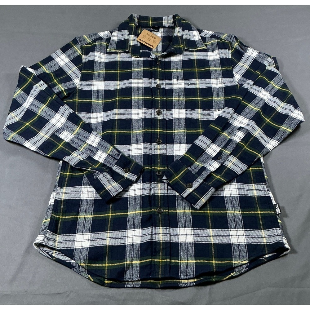 Eddie Bauer Mens Field Flannel Flex Shirt Navy Green Plaid Button Down Small NEW
